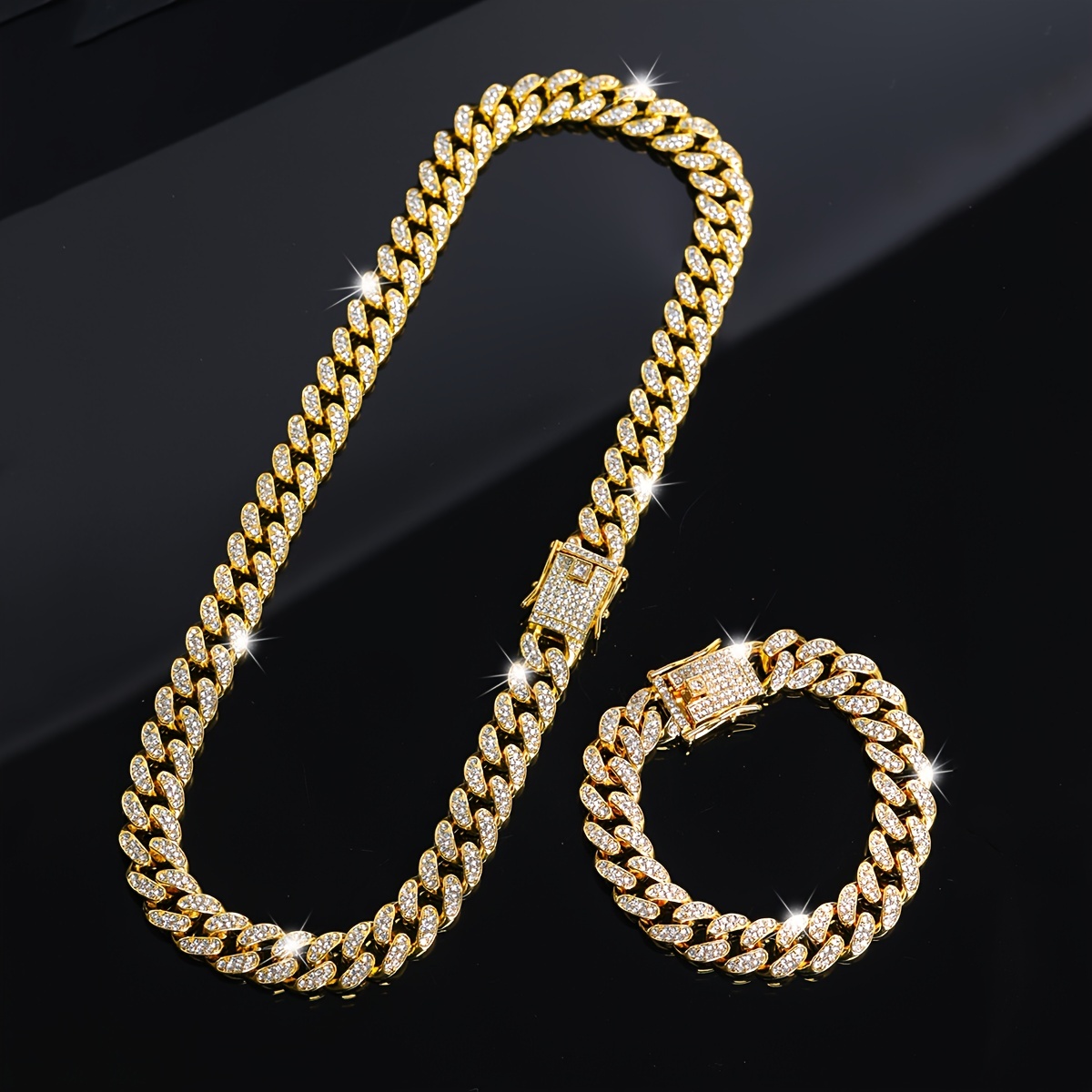 2pcs Exquisite Cuban Link Chain Necklace & Bracelet Set, Unisex